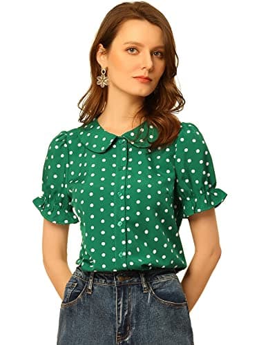 Image of Allegra K Women's St. Patrick's Day Polka Dots Shirt Short Puff Sleeve Vintage Button Up Peter Pan Collar Blouse Tops Large Dark Green