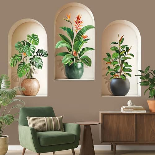 Image of wondever 3D Potted Plants Wall Stickers Green Nature Tropical Leaves Peel and Stick Wall Art Decals for Living Room Bedroom Sofa Background