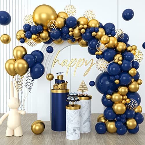 Image of QIFU Navy Blue Balloon Arch Kit - 118pcs Navy Gold Balloon Arch Garland Kit with Metallic Gold Confetti Balloons for Boys Men Birthday Party Decorations, Thanksgiving, Graduation, Baby Shower, Prom
