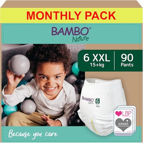 Image of Bambo Nature Premium Training Pants, Size 6 (15+kg), XXL, 90PK, Pull Ups, Eco-Labelled Potty Training Nappy Pants, Secure, Comfortable, Discreet for Active Day and Comfy Night's Sleep