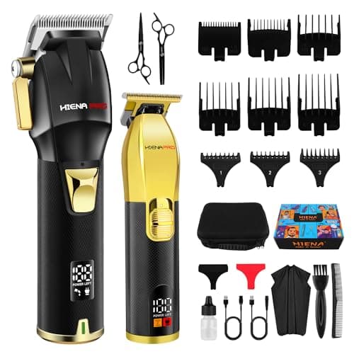 Image of HIENA PRO Professional Hair Clippers Set for Men, Cordless Barber Kit for Haircut, Clippers and Trimmers Set, Hair Cutting Kit with LED Display & Rechargeable USB, Gifts for Men (Black Gold)