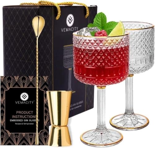 Image of Vemacity Luxury Gin Glasses Set of 2 w/Gold Rims | Includes Gold Spoon, Spirit Measure & Pourer with Recipe e-Book | Crystal Gin Glass Gifts for Women | Aperol Spritz Gift Set & Cocktail Glasses