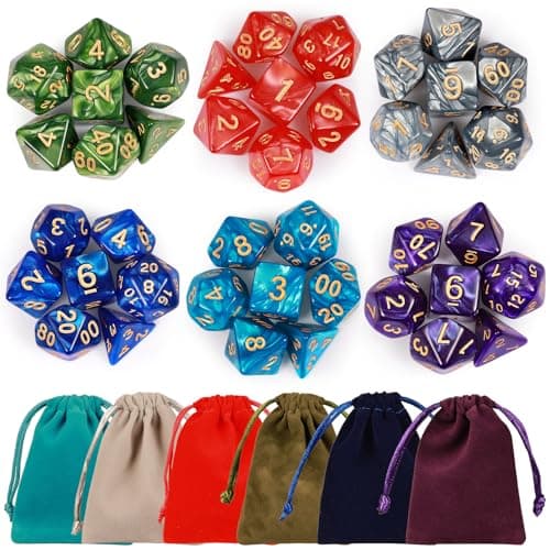 Image of DND Dice Set, 6 x 7(42 Piece) Polyhedral Dice Set With 6 Drawstring Pockets,for Dungeon and Dragons MTG Table Games RPG, 6 Set Dice Includes D4 D6 D8 D10 D% D12 D20