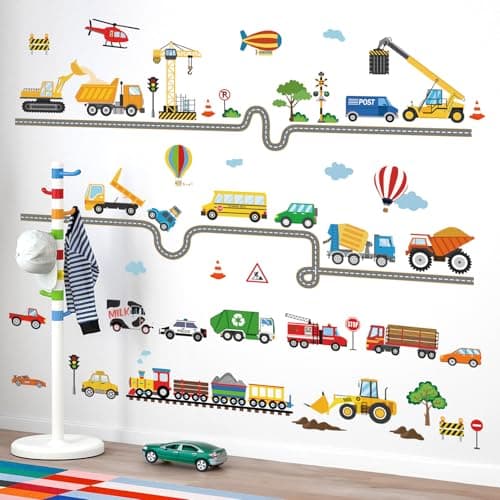Image of decalmile Car Road Wall Stickers Transports Vehicles Construction Truck Wall Decals Baby Nursery Kids Bedroom Playroom Wall Decor