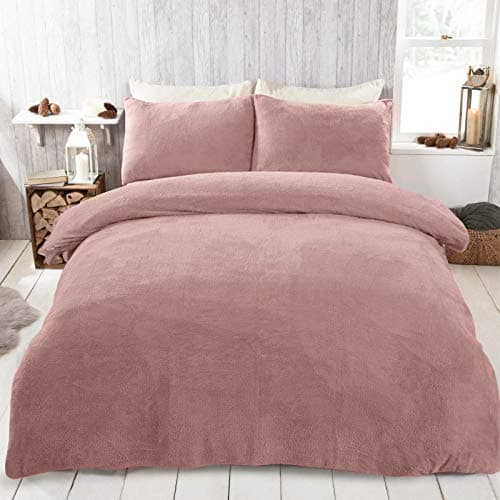 Image of Brentfords Teddy Fleece Duvet Set King Size, Pink Fluffy Duvet Set Winter Christmas Bedding King Size Fluffy Fleece Ultra Soft Warm Covers with Pillowcases