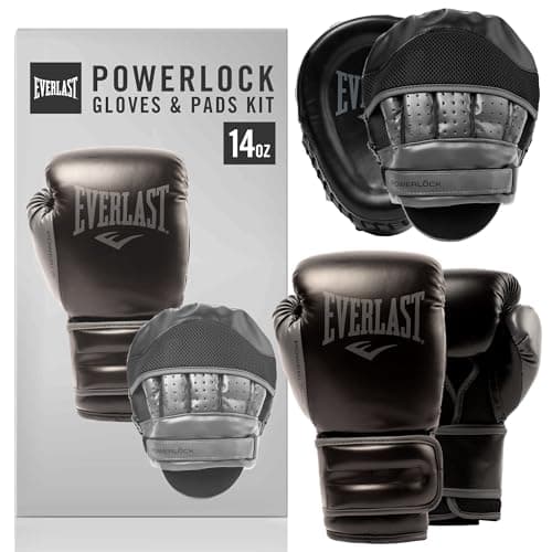 Image of Everlast Powerlock 14oz Boxing Gloves and Pads, Black Boxing Gloves for Bags, Mitt Work and Sparring, Secure, Breathable and Durable Boxing Pads and Gloves - Authentic Everlast Gear