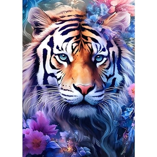 Image of EOBROMD Tiger Diamond Painting for Adults Kids, Full Round Drill Flowers Diamond Art Kits, Crystal Rhinestone Art Craft for Home Wall Decor Gifts 30x40cm