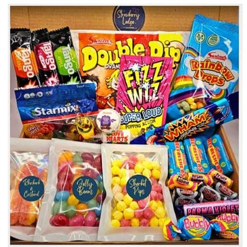 Image of Retro Sweets Gift Box | Sherbet Pips, Jelly Beans, Rhubarb & Custards, Love Hearts, Wham, Starmix, Popping Candy, Refreshers & more | Letterbox Gifts for Birthdays Men, Women & All Occasions
