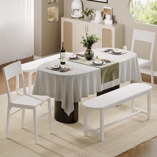 Image of FEONASE Dining Chairs Set of 4,Dining Room Chair with 2 Ergonomic Chairs & 2 Benches,MDF Board and Metal Frame,Kitchen Chairs for Home, Apartment, or Small Space (White)