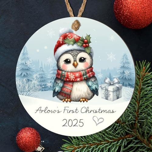 Image of Whimsical Personalised Baby's First Christmas Animal Hanging Bauble Cute 1st Christmas Keepsake Tree Decoration Gift (Owl, MDF Wood - Indoor Use Only)