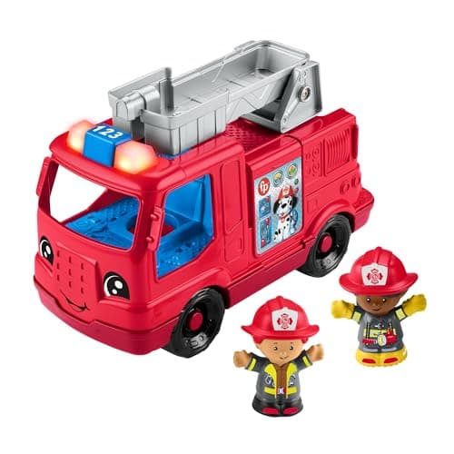 Image of Fisher-Price Little People Toddler Toy Fire Truck Musical Push-Along Vehicle with 2 Figures for Pretend Play Ages 1+ Years, HXC12