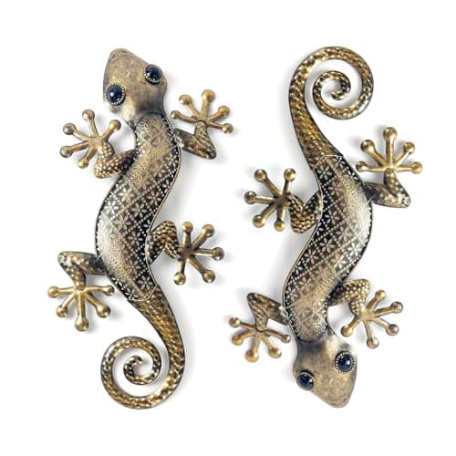 Image of Liffy Gecko Metal Wall Art Decor 2 Pack 15 Inch - Indoor & Outdoor Lizard Wall Art Hanging Sculpture for Home and Garden Decorations Bronze (gold lizard)