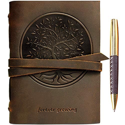 Image of Tree of Life Leather Journal Embossed Handmade Travel Diary, Vintage Writing Bound Notebook for Men For Women Genuine Antique Rustic Leather 5"x7" Engraved Paper Perfect for Notes Sketchbook + Pen
