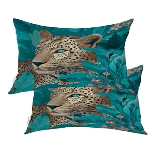 Image of Baonews Cute Leopard In Turquoise Throw Pillow Covers, Leopard Turquoise Leaves Pink Flowers Cushion Cover Digital Blended Hidden Zipperl Pillowcases for Hair Skin Lumbar 12X20 IN 2 Pcs