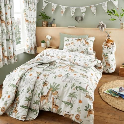 Image of Happy Linen Company Girls Boys Kids Jungle Safari Animals Ivory Single Reversible Soft Easy Care Bed Linen Duvet Cover Quilt Bedding Set With Pillow Case