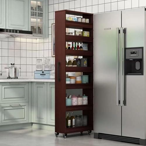 Image of 7-Tier Rolling Kitchen Cart with Handle - Multi-Purpose Wooden Storage Shelf for Bathroom Kitchen & Dining Room - Space-Saving Utility