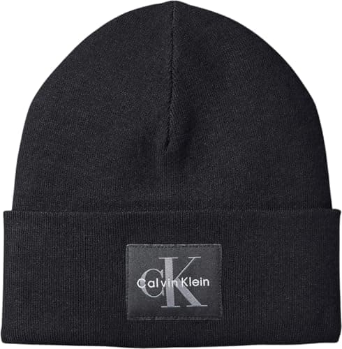 Image of Calvin Klein Men's MONOLOGO Patch Beanie LV04D8088G Hat, Black (Black), One Size