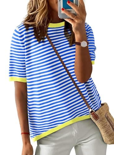 Image of PASUDA Womens Short Sleeve Tops Summer Casual Round Neck T Shirts Ladies Knit Striped Loose Tee Shirts Tops(Blue,L)
