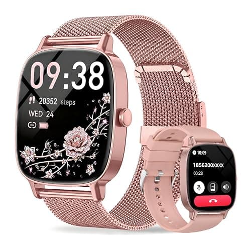 Image of Smart Watches for Women, Answer/Make Call, 1.85'' HD Screen Fitness watch with Heart Rate/Sleep/SpO2 Monitor, Smart watch for iPhone/Android, 120+Sport Mode, IP68 waterproof - Two Straps, Rose Gold