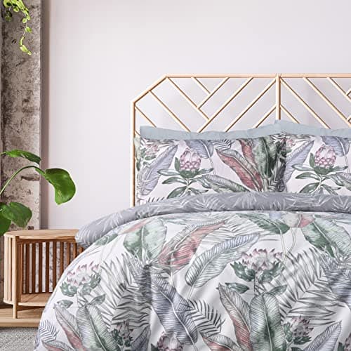 Image of Sleepdown 100% Pure Cotton Leaf Floral Multi Tropics Grey Reverisble Duvet Cover Quilt Pillow Cases Bedding Set Soft Easy Care - King (230cm x 200cm)
