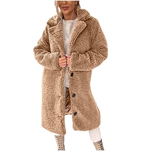 Image of Splrit-MAN Womens Coats Teddy Fleece Warm Lapel Ladies Coats Fuzzy Casual Thermal Lightweight Longline Women’s Clothing Button Notched Collar Winter Autumn Long Sleeve Solid Outwear(Khaki, XXL)