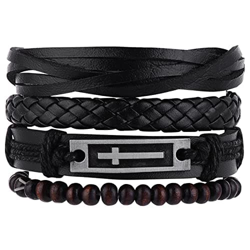 Image of Yolev 4pcs Leather Bracelet Set for Men Women, Cross Charm Black Brown Wide Wristband, Woven Leather Cuff Wrap Bracelet Set, Elastic Adjustable Length