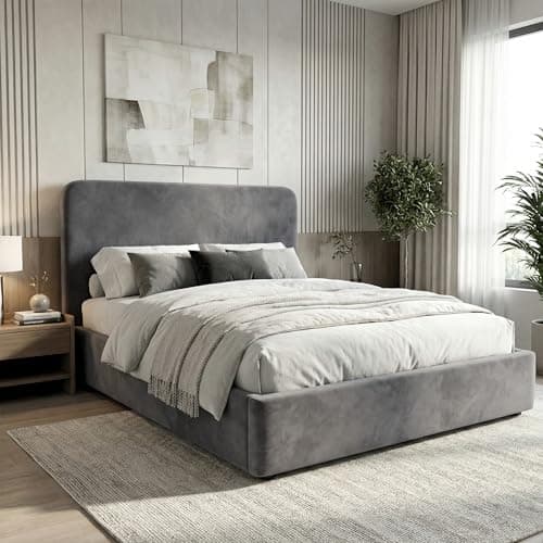 Image of Blisswood King Size Ottoman Bed Frame, Upholstered Gas Lift-Up Storage Bed with Headboard, 5ft Kingsize Velvet Finish, Wooden Slats Base Bedframe for Bedroom or Guest Room (5ft Grey, No Mattress)