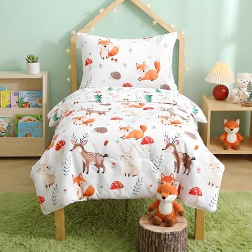 Image of JQWUPUP Woodland Animal Cot Bed Duvet Cover Set, Reversible Forest Mushroom Toddler Duvet Cover 120x150cm, Soft Microfiber Toddler Bedding Set with Zipper