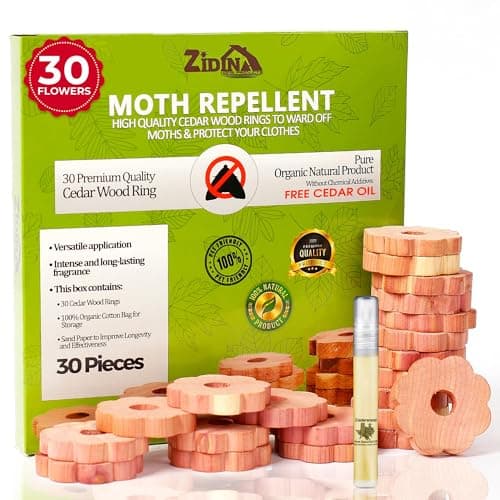 Image of Zidina Moth Repellent for Wardrobes | 30x 100% Natural Cedar Wood Rings with Free 4.5ml Organic Cedar Oil | Wardrobe Fresheners | Includes Organic Fabric Bag & Sandpaper