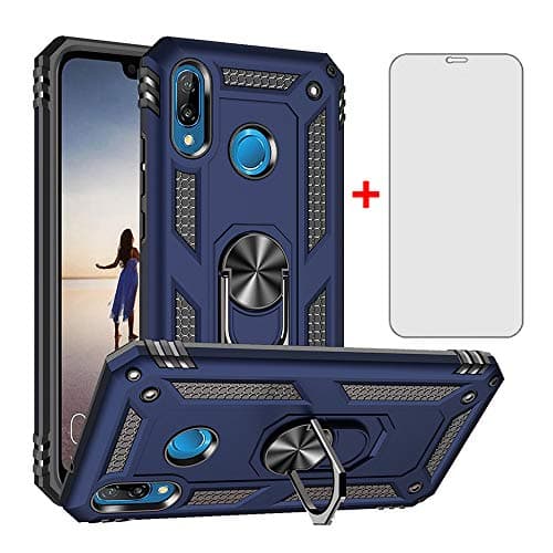 Image of Phone Case for Huawei P20 Lite with Tempered Glass Screen Protector Cover Stand Ring Rugged Silicone Holder Hard Shockproof Heavy Duty Accessories huewai P20lite P 20 Hawaii Hwauei Nova 3E Blue