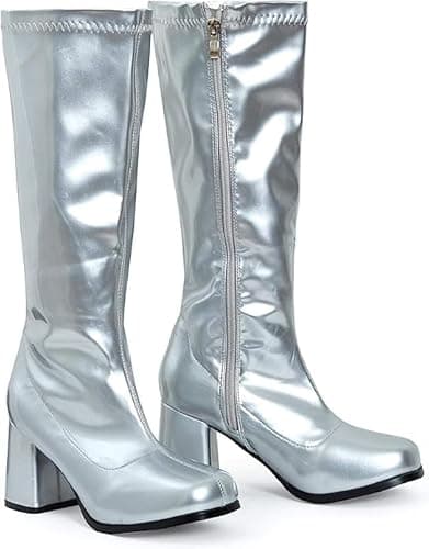 Image of BloomFashion® New Women’s 1960’s 70’s Retro Knee-High Long Heel Boots Ladies Fancy Dress Party Go Go Boots With Side Zip Closure Size 3-12 UK (Silver, 5Uk)