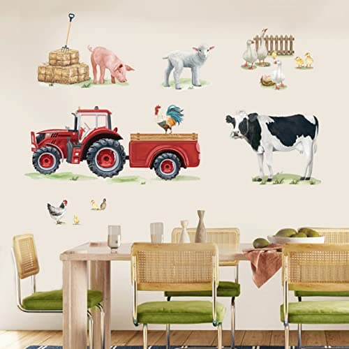 Image of wondever Farm Animals Cow Wall Stickers Red Truck Roosters Peel and Stick Wall Art Decals for Kitchen Living Room Kids Room