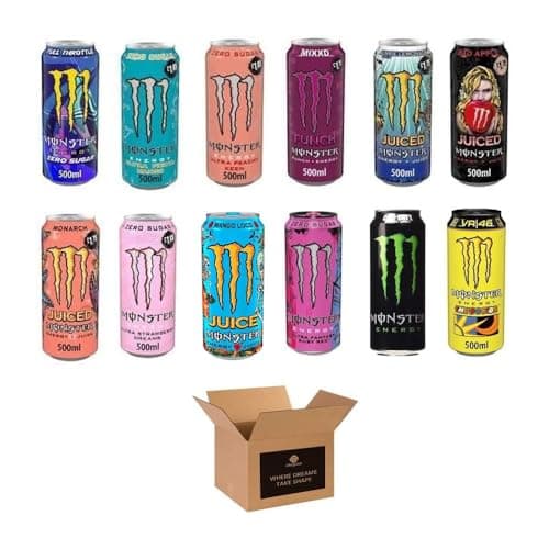 Image of Monster Energy Drink Flavours | Juiced, Zero Sugar, Ultra, Monarch, Fiesta Mango, Strawberry Dreams, VR46, Punch | High Caffeine Sports Energy Drink (Monster Mixed Assorted Cans - 500ml x 12Pack)