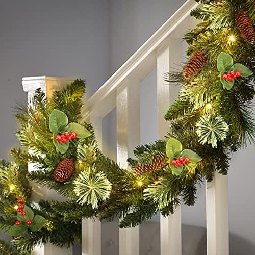 Image of SHareconn 9FT Pre-Lit Artificial Christmas Garland,with Red Berries and Pine Cones,with Warm white and Multi-Color Lights & Timer Function, for Xmas Decoration, Green