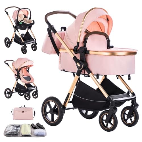 Image of Mobayta 3 in 1 Prams Travel System, Travel Pram with Mosquito Net Raincoat, Pushchair with Height Adjustable Handle for Newborn 0-22KG, Baby Stroller with Aluminum Frame (D2 Pink, H2-D)