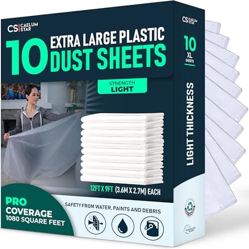 Image of CS 10 Pack Extra Large Plastic Dust Sheets for Decorating 3.6 x 2.7m (12x9 ft), Dust Sheets for Painting, Clear Plastic Sheet Polythene Sheeting Painting Tools, Decorating Tools, Home Improvement