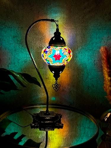 Image of Lightza Handmade Turkish Moroccan Mosaic Desk Lamp LED Bulb | Swan Neck Unique Globe Lampshade Table Light | UK Tested Safe Energy Efficient (Multi Color Blue Star)