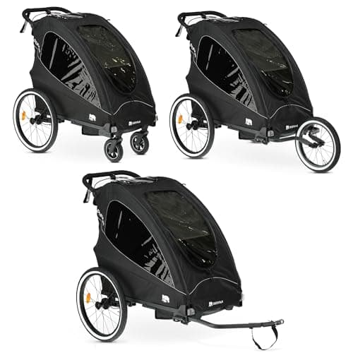 Image of Deryan 3-in-1 Children's Bicycle Trailer and Jogger for 1 Children, Multifunctional Stroller, Foldable, Suspension, Adjustable Push Bar, Seat Belts, Reflectors, Black