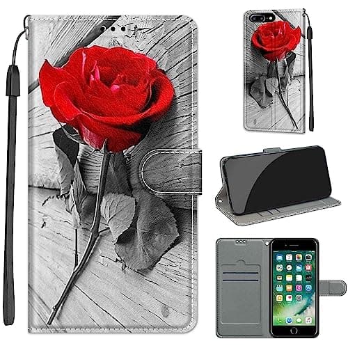 Image of TOMYOU Flip Wallet Case for iPhone 7 Plus 8 Plus, PU Leather Wallet Book Flip Folio Stand View Cover Pouch, Rose, Floral Pattern, Built-in Stand, Magnetic Closure