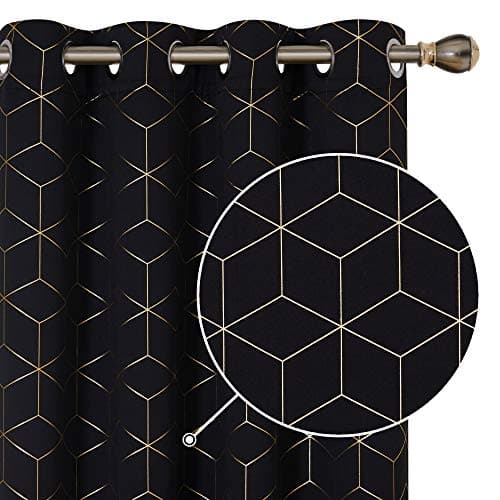 Image of Deconovo Thermal Insulated Blackout Curtains, Eyelet Curtains, Super Soft Gold Diamond Printed Curtains for Bedroom, 46 x 72 Inch(Width x Length), Black, One Pair