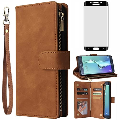 Image of Asuwish Compatible with Samsung Galaxy S6 Edge Wallet Case and Tempered Glass Screen Protector Leather Flip Cover Card Holder Cell Accessories Phone Cases for Glaxay S6edge 6s 6 S 6edge Women Brown