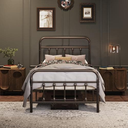 Image of Yaheetech 3ft Single Bed Frame Vintage Iron Platform Bed with High Headboard and Footboard, Strong Metal-Framed Bed with Storage Bronze