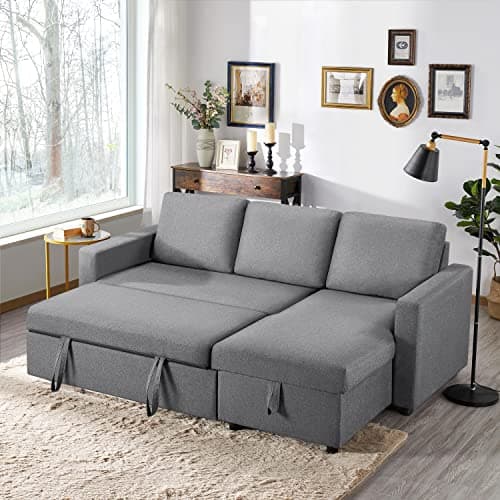 Image of Yaheetech L-Shaped Sofa Bed 3 Seater Couch Pull Out Sectional Couch Bed Convertible Settee Click-Clack Corner Sofa with Storage for Living Room, Office, Light Grey