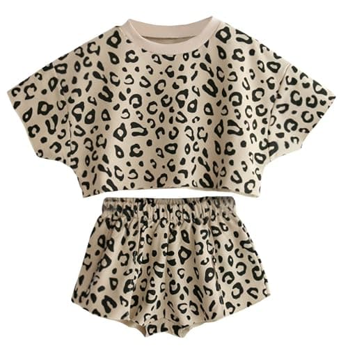 Image of Momkonzz Toddler Baby Girls Summer Clothes Infant Shorts Sets Leopard Tops Short Sleeve Outfits Round Neck Shirt Short Pants Clothing Set for Girls 3-4 Years