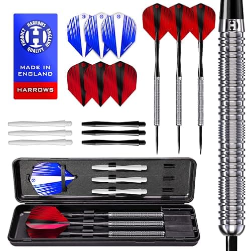 Image of Harrows Darts - Caliber 90% Tungsten Steel Tip Darts, 16pcs Dart Set with Spare Shafts, Prime Flights & Travel Case, Available in Multiple Weights 21g to 30g, Amazon Exclusive Set for Casual to Pro's