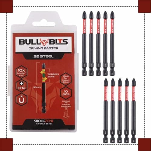 Image of 10x Bull Bits 90mm PH2 Impact Screwdriver Bits Set – Phillips No 2, Shock Zone, S2 Steel, Torsion Zone