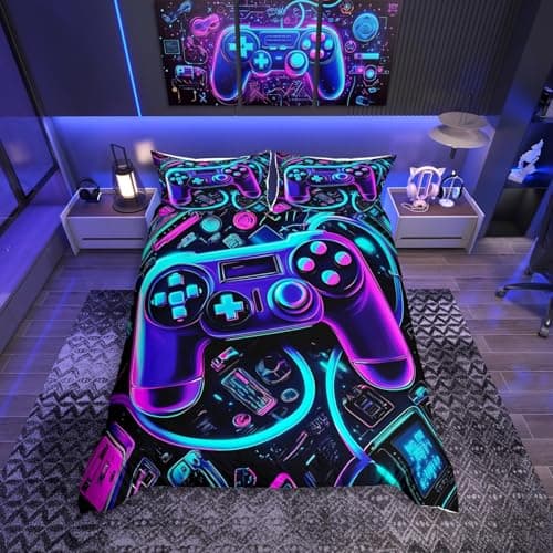 Image of Gamer Bedding Set Neon Gamer Duvet Cover Set for Kids Boys Girls Gaming King Size 3Pcs Comforter Cover Game Controller Bedspread Bedroom Collection