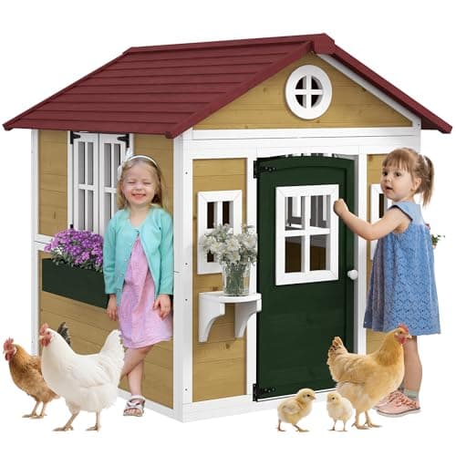 Image of Outsunny Wooden Playhouse for Kids Outdoor Wendy House with Doors, Windows, Plant Pots, Boxes, for 3-8 Years - Beige