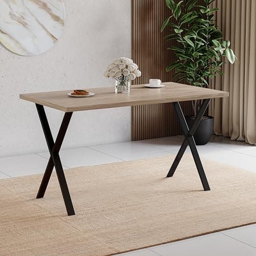 Image of Vida Designs 4 Seater Dining Table With X Shaped Black Metal Legs, Industrial Style Rectangle Kitchen/Dining Room Furniture (Oak)