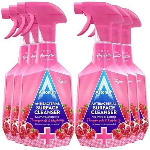 Image of Astonish Antibacterial Surface Cleanser, 750ml, Pink, X6 Pack, Multi-Purpose Disinfectant Spray, Kills 99.9% Germs, for Kitchen, Bathroom, Home, Vegan, Cruelty-Free, Fast-Acting Cleaning Spray